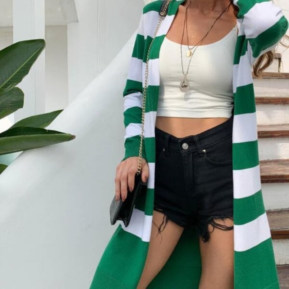 Colorblock stripes open front long Cardigan GREEN - Picture 2 of 5